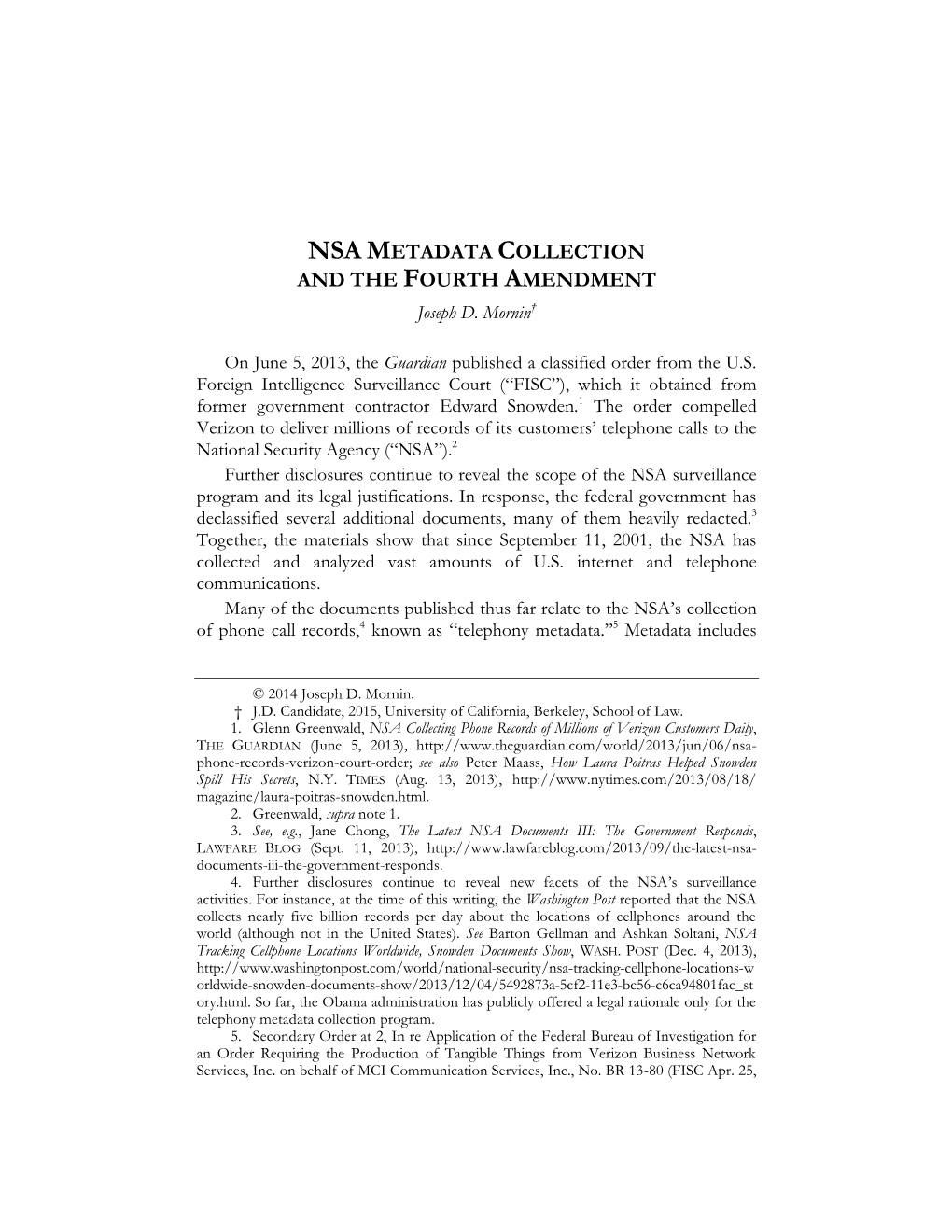 NSA METADATA COLLECTION and the FOURTH AMENDMENT Joseph D