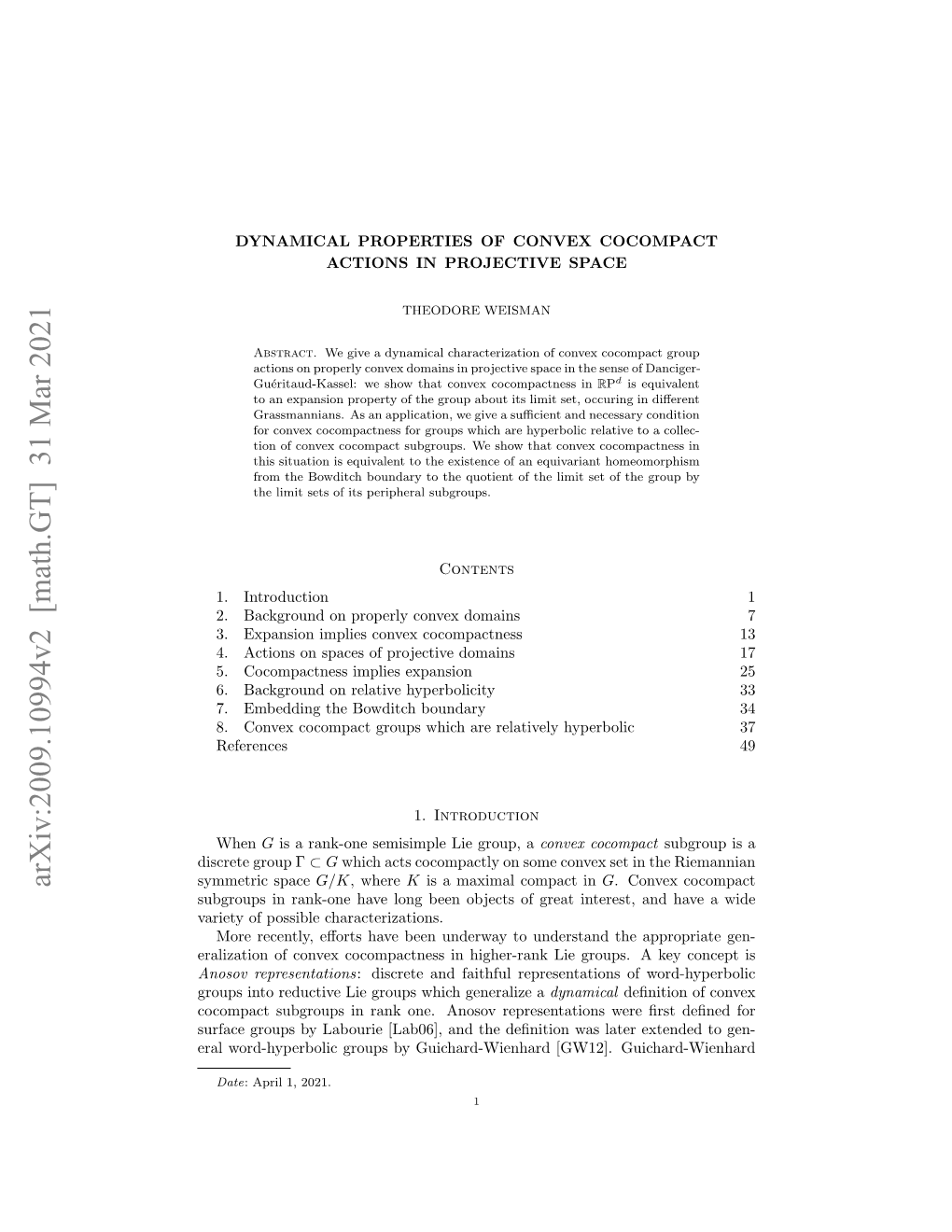 Arxiv:2009.10994V2 [Math.GT] 31 Mar 2021 Symmetric Space G/K, Where K Is a Maximal Compact in G