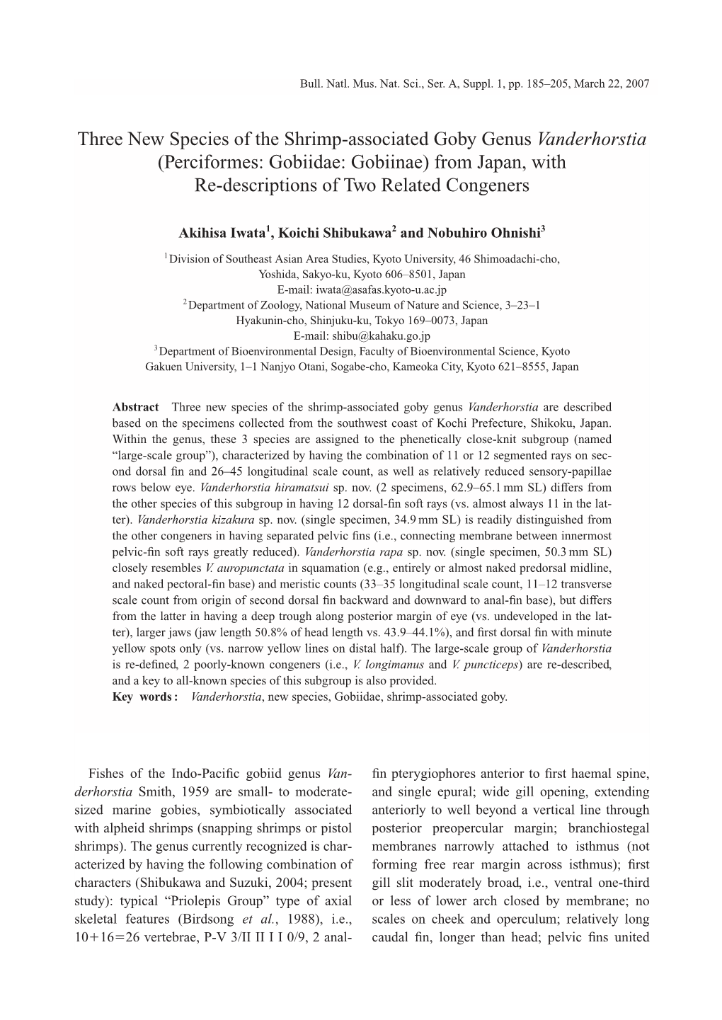 Three New Species of the Shrimp-Associated Goby Genus Vanderhorstia (Perciformes: Gobiidae: Gobiinae) from Japan, with Re-Descriptions of Two Related Congeners