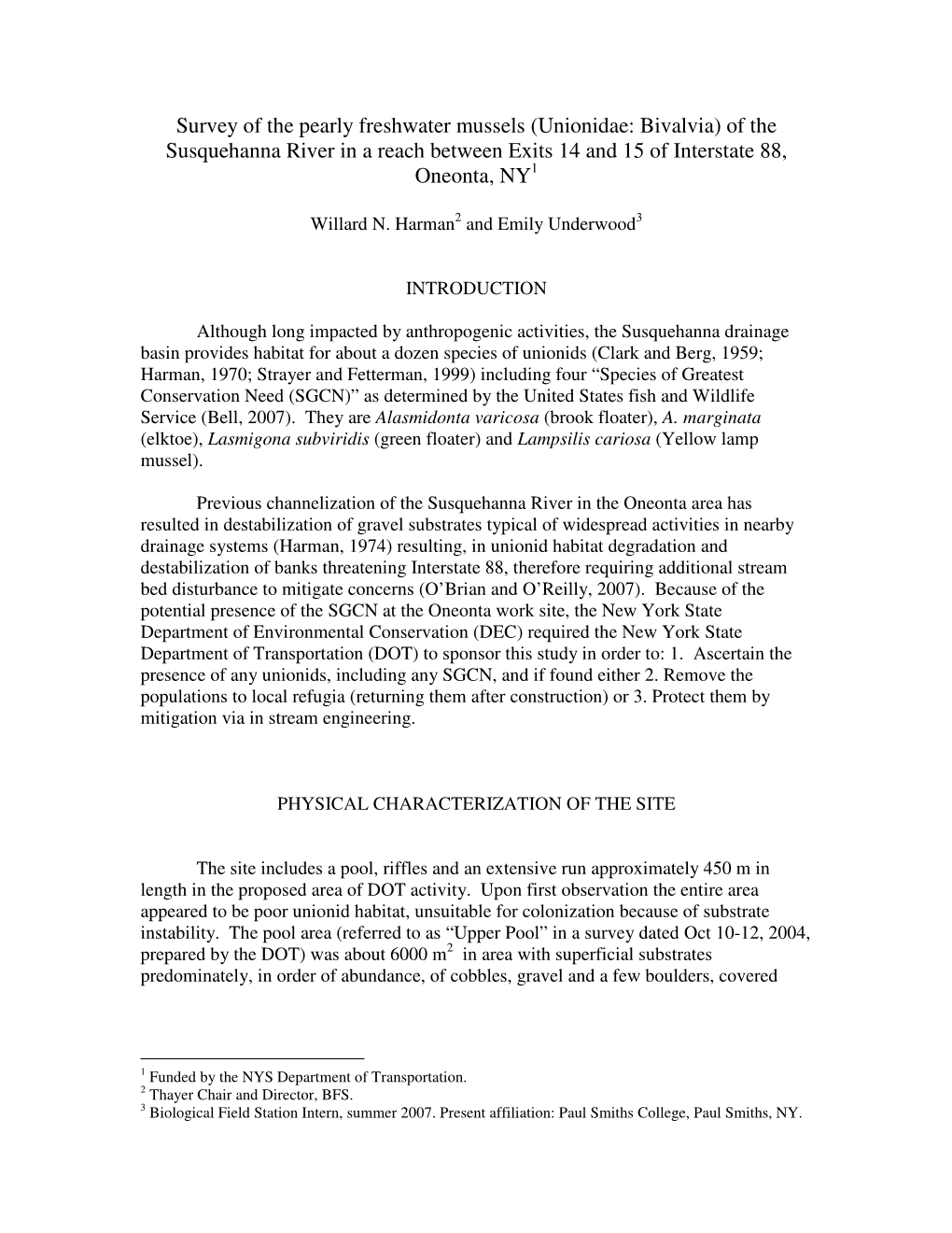 Survey of the Pearly Freshwater Mussels (Unionidae: Bivalvia) of the Susquehanna River in a Reach Between Exits 14 and 15 of Interstate 88, Oneonta, NY1