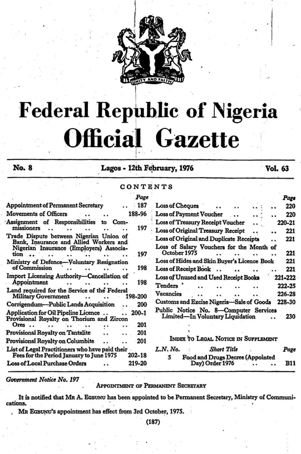 Te Federal Republie of Nigeria Official Gazette