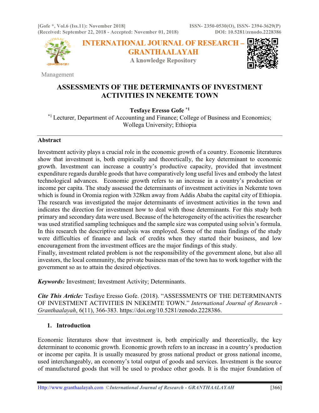 Assessments of the Determinants of Investment Activities in Nekemte Town