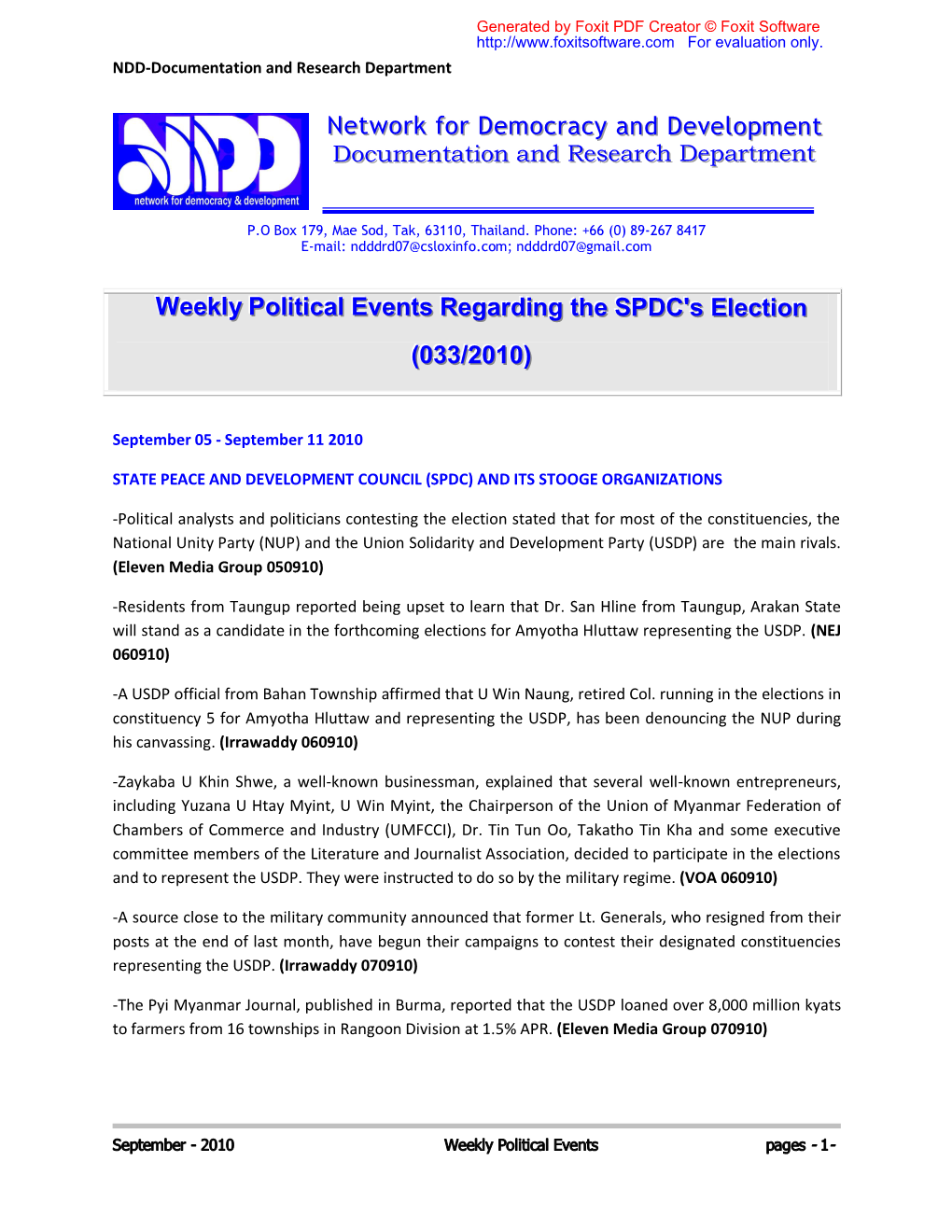 Network for Democracy and Development Weekly Political Events