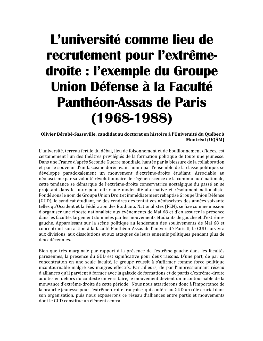 L'université Comme Lieu De Recrutement Pour L'extrême- Droite : L