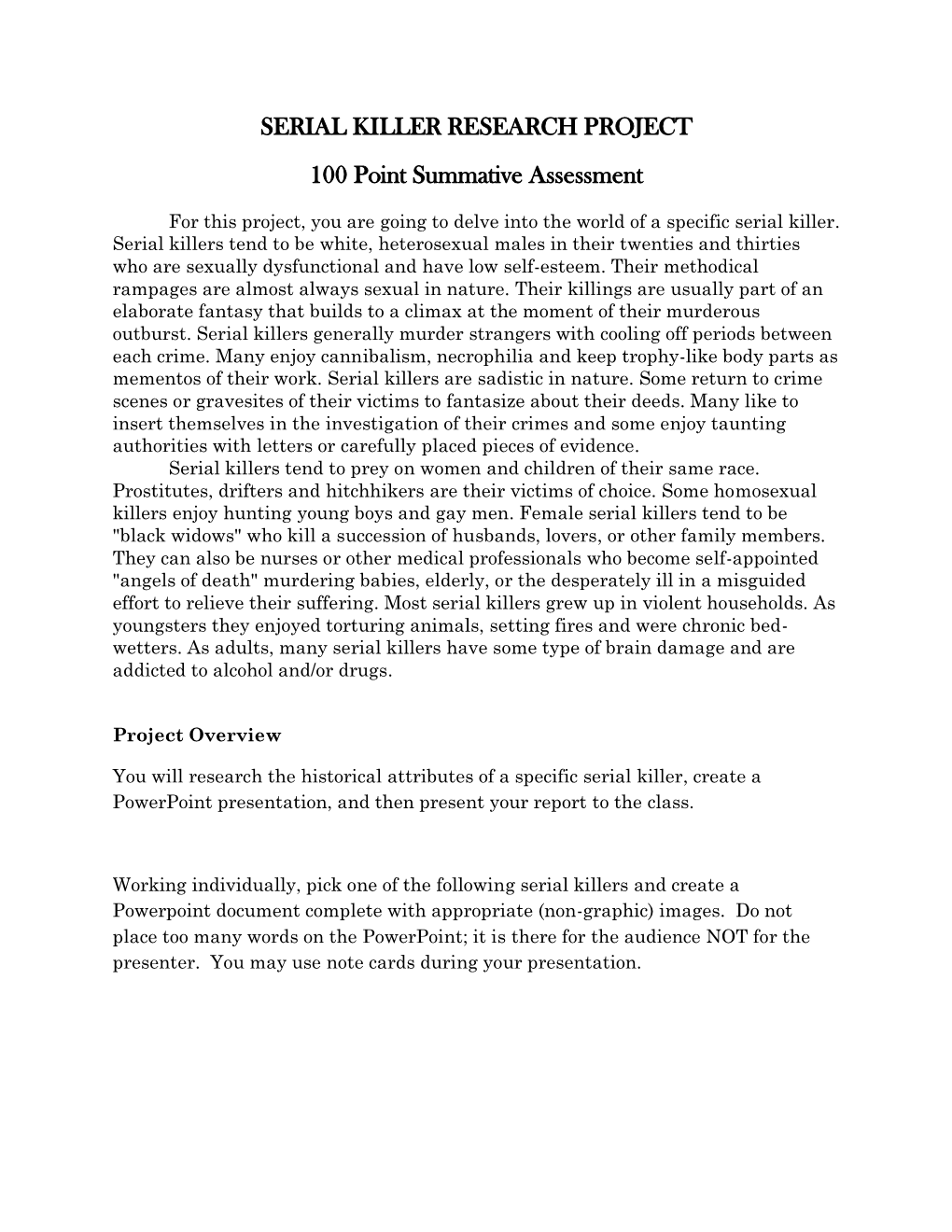 SERIAL KILLER RESEARCH PROJECT 100 Point Summative Assessment