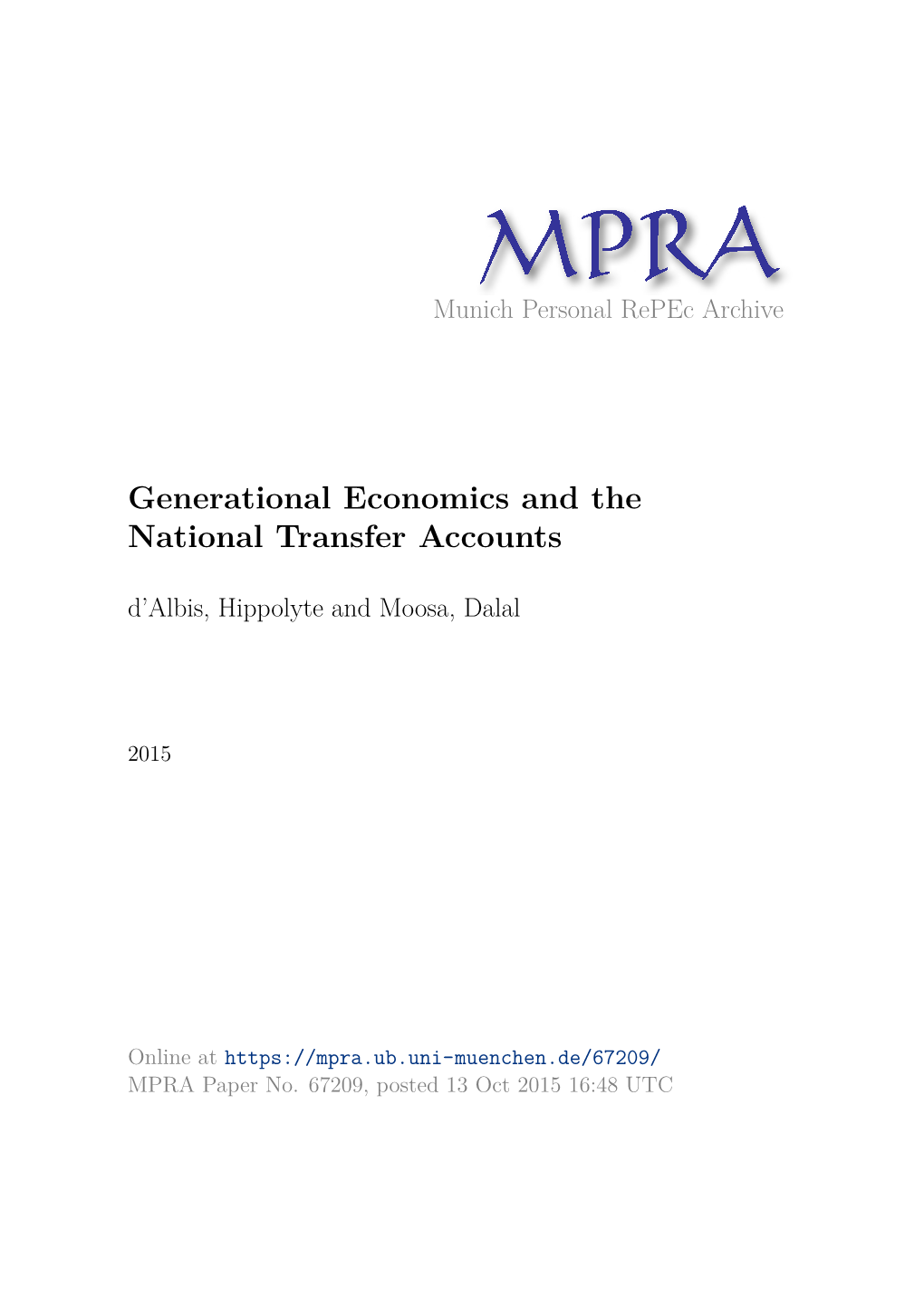 Generational Economics and the National Transfer Accounts D’Albis, Hippolyte and Moosa, Dalal