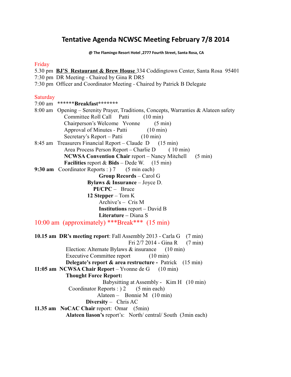 Tentative Agenda NCWSC Meeting February 7/8 2014