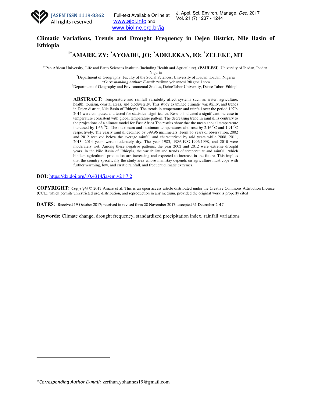 Climatic Variations, Trends and Drought Frequency in Dejen District, Nile Basin of Ethiopia