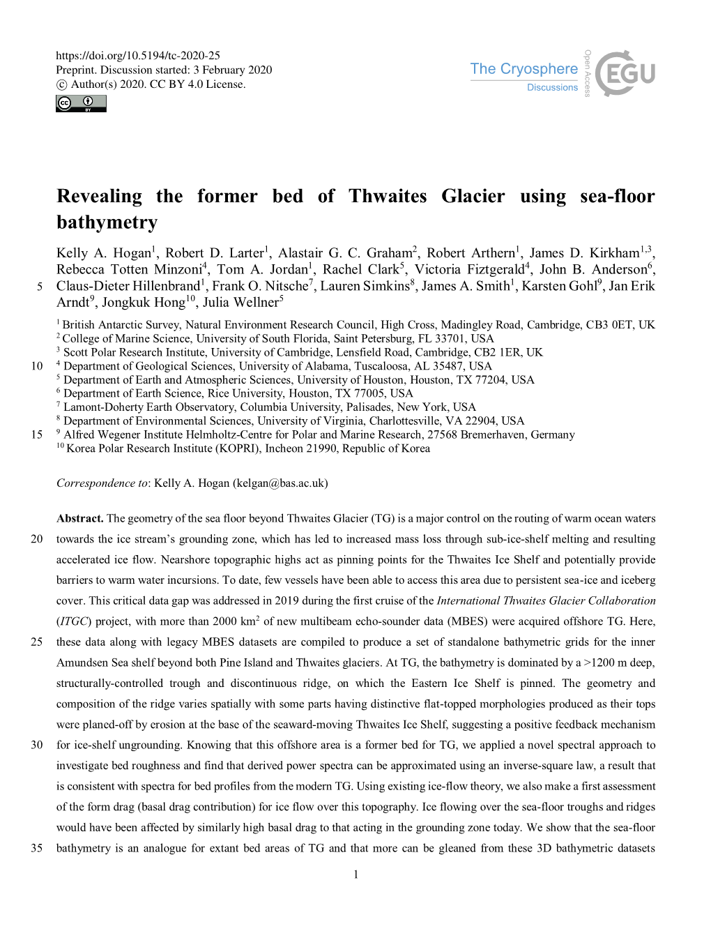 Revealing the Former Bed of Thwaites Glacier Using Sea-Floor Bathymetry Kelly A