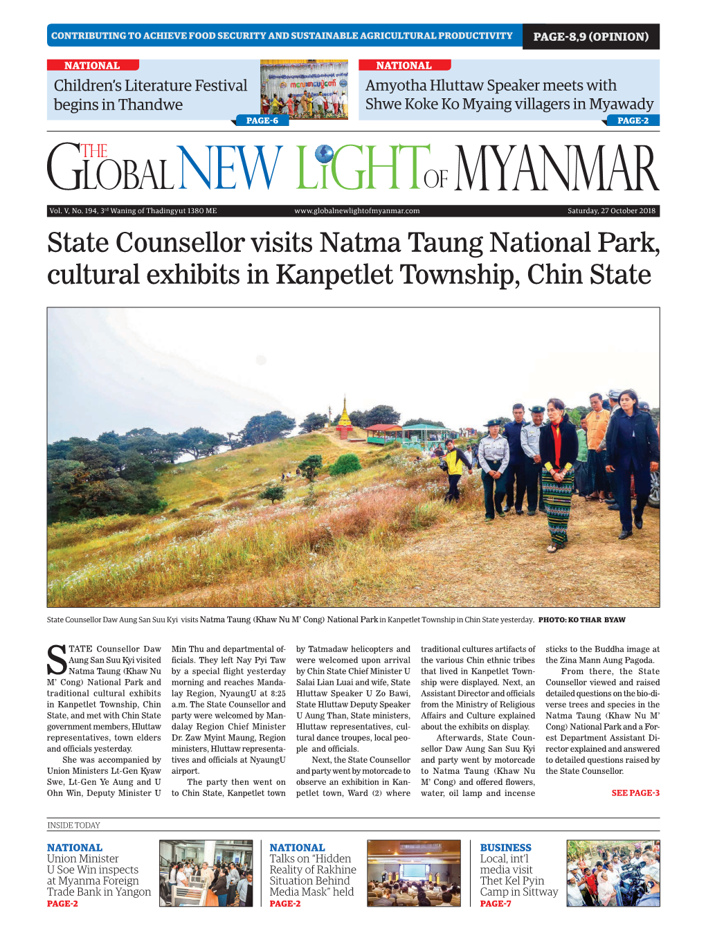 State Counsellor Visits Natma Taung National Park, Cultural Exhibits in Kanpetlet Township, Chin State