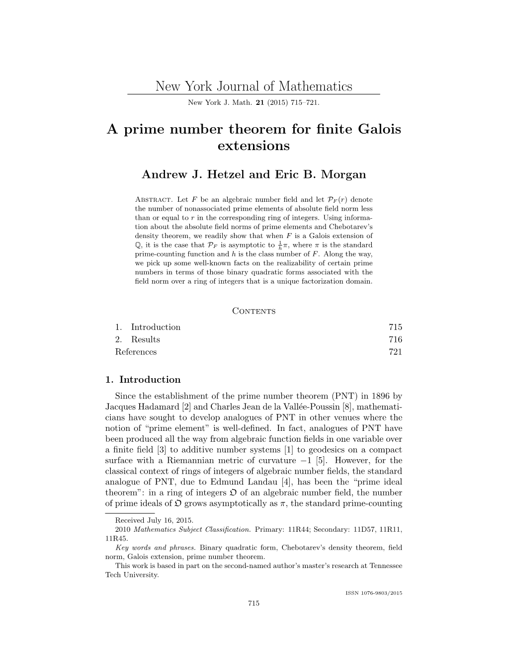 New York Journal of Mathematics a Prime Number Theorem for Finite Galois Extensions