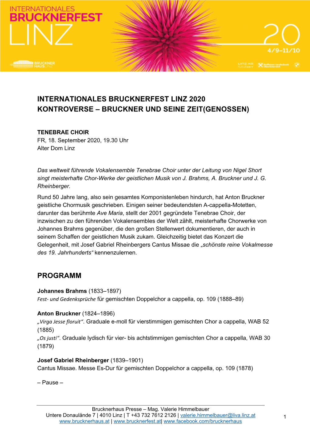 Internationales Brucknerfest Linz 2020 Kontroverse – Bruckner Und Seine Zeit(Genossen)