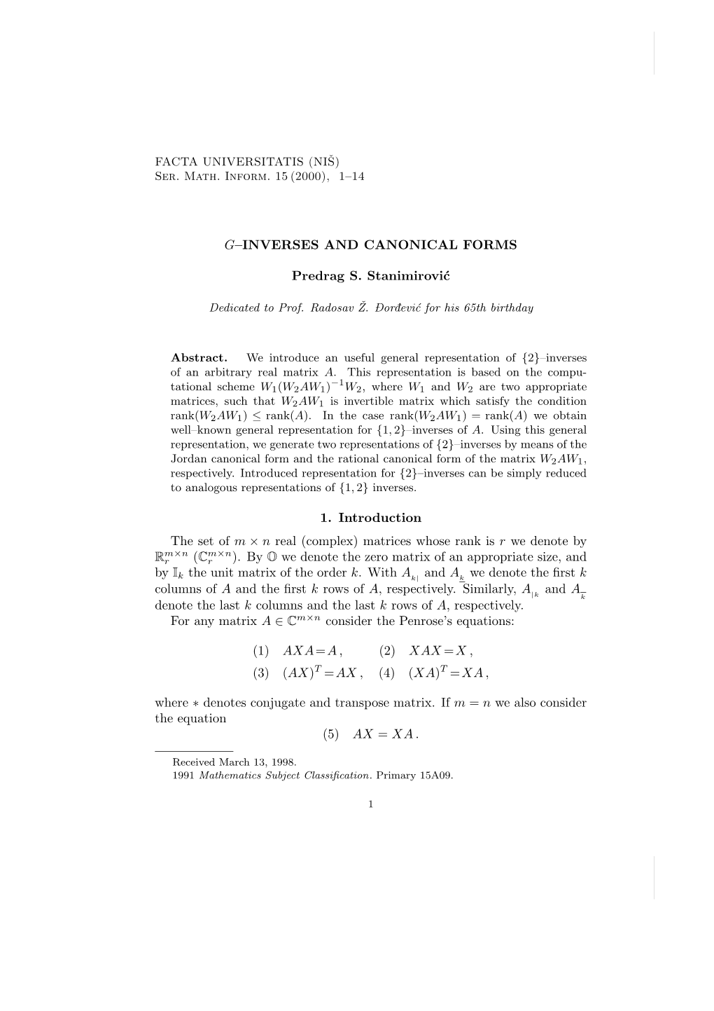 G-Inverses and Canonical Forms