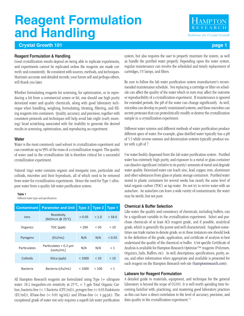 Reagent Formulation and Handling Solutions for Crystal Growth Crystal Growth 101 Page 1