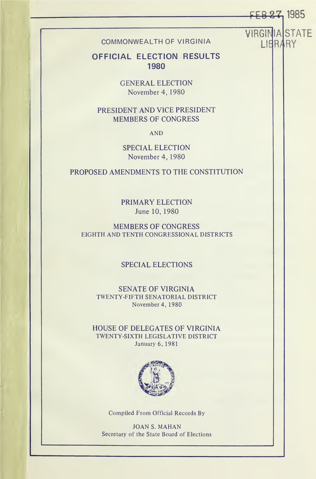 Commonwealth of Virginia Official Election Results