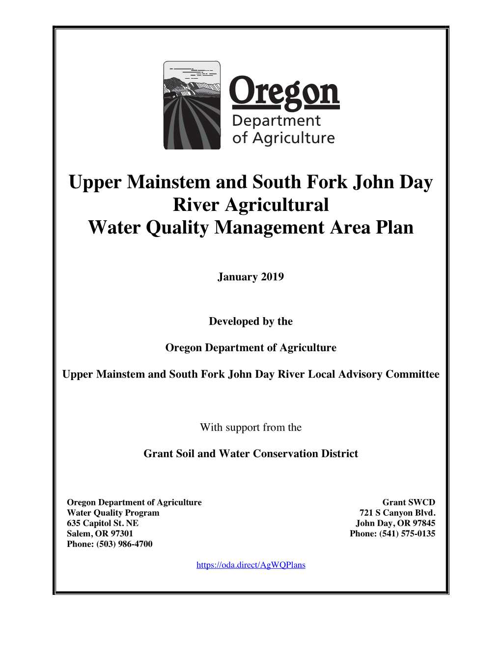 Upper Mainstem and South Fork John Day River Agricultural Water Quality Management Area Plan