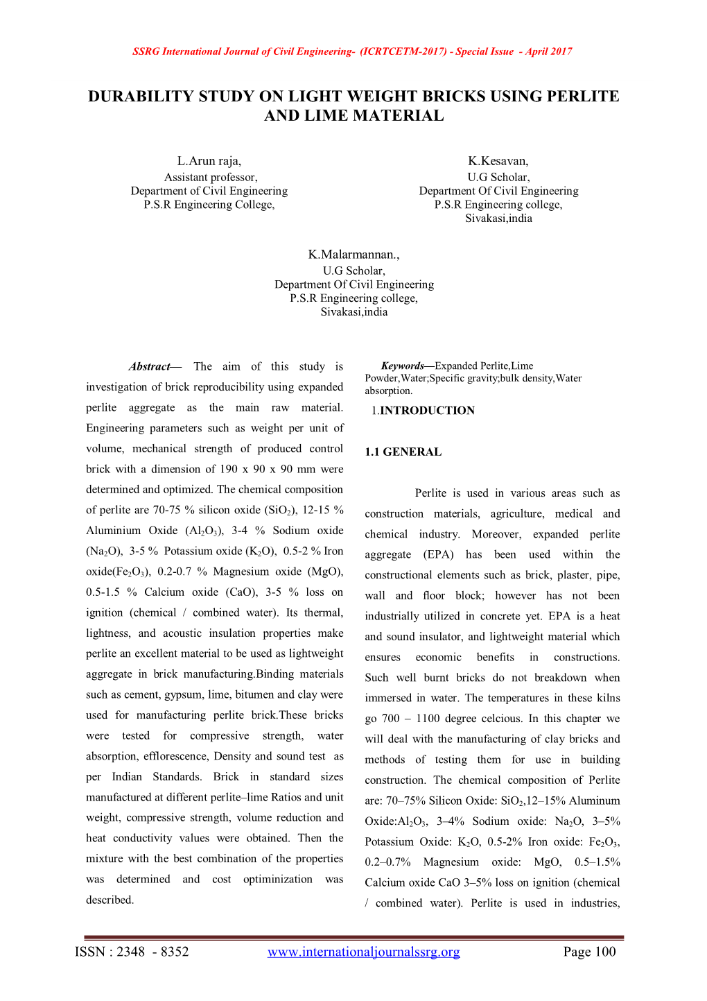 Durability Study on Light Weight Bricks Using Perlite and Lime Material