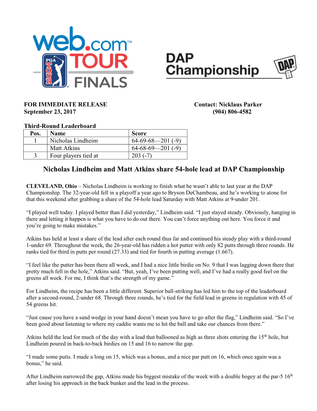 Nicholas Lindheim and Matt Atkins Share 54-Hole Lead at DAP Championship