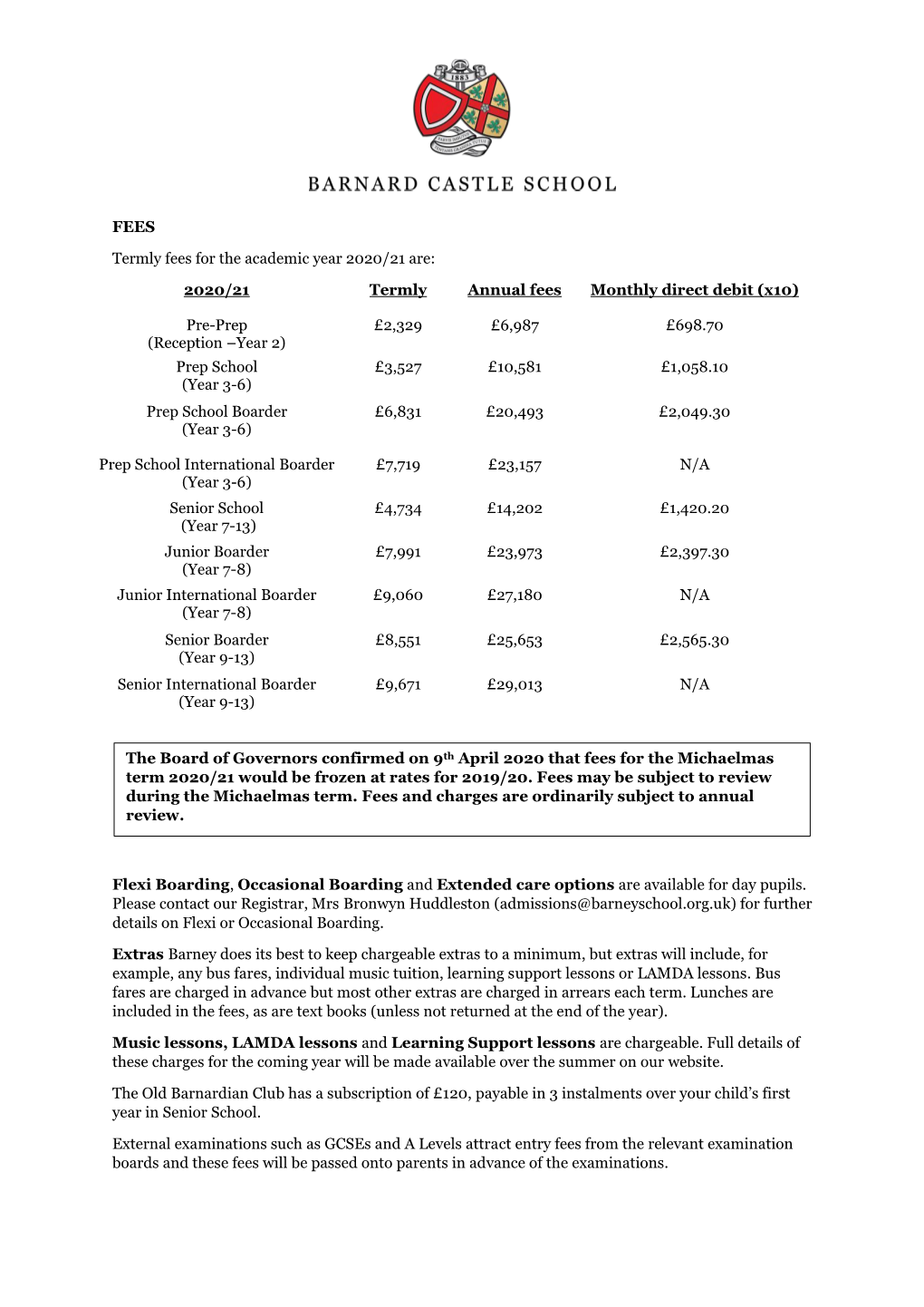 FEES Termly Fees for the Academic Year 2020/21