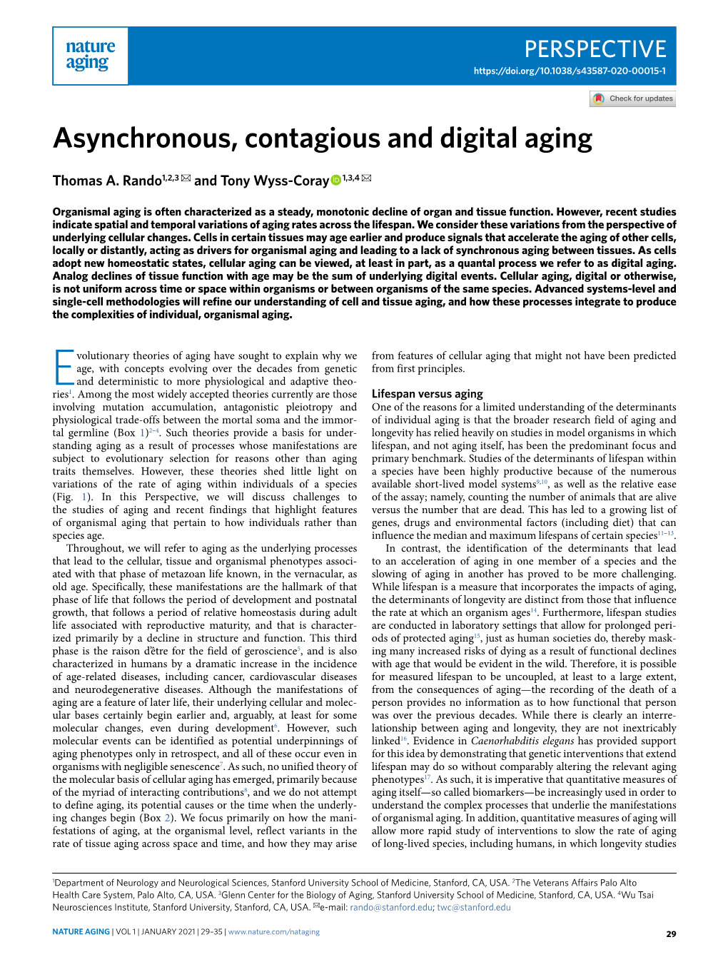 Asynchronous, Contagious and Digital Aging