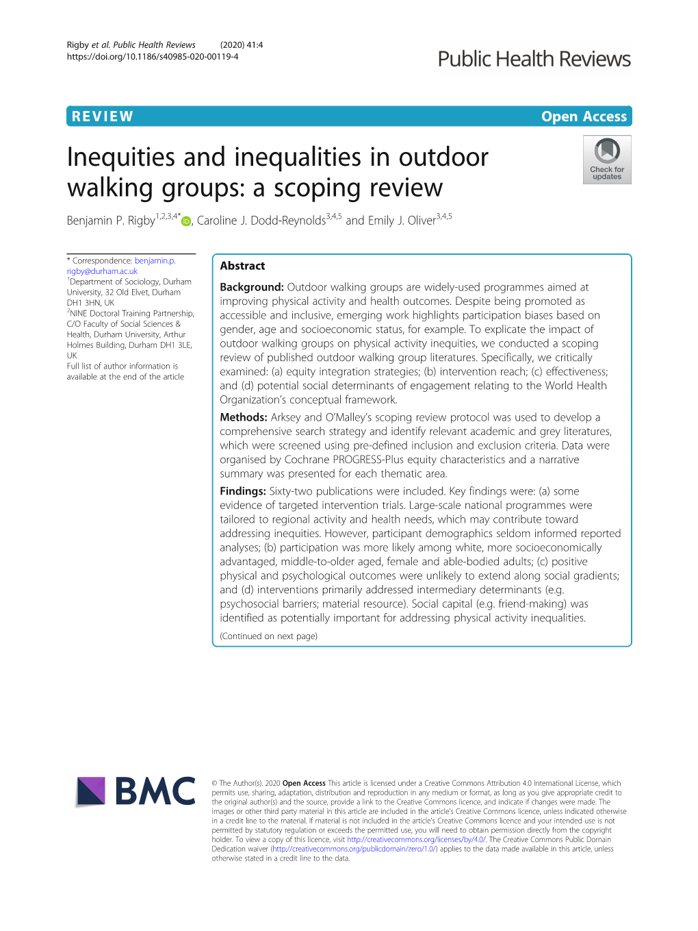 Inequities and Inequalities in Outdoor Walking Groups: a Scoping Review Benjamin P