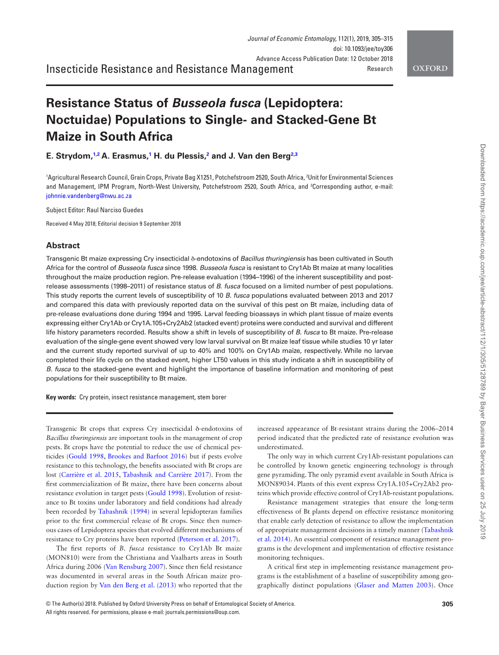 Resistance Status of Busseola Fusca (Lepidoptera: Noctuidae) Populations to Single- and Stacked-Gene Bt Maize in South Africa