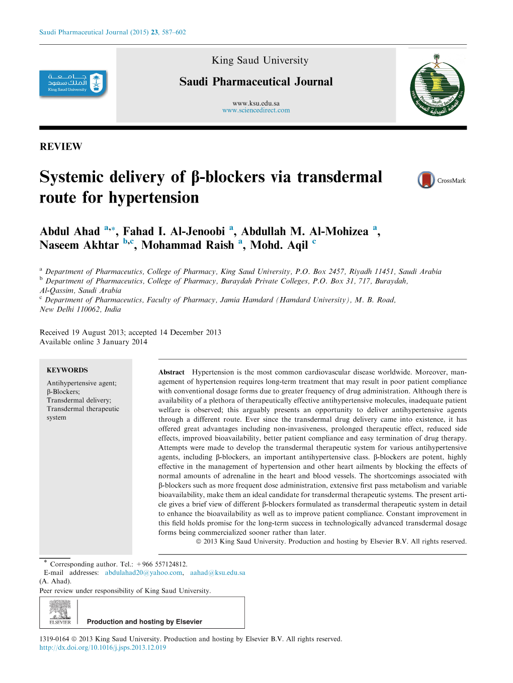 Systemic Delivery of Β-Blockers Via Transdermal Route for Hypertension