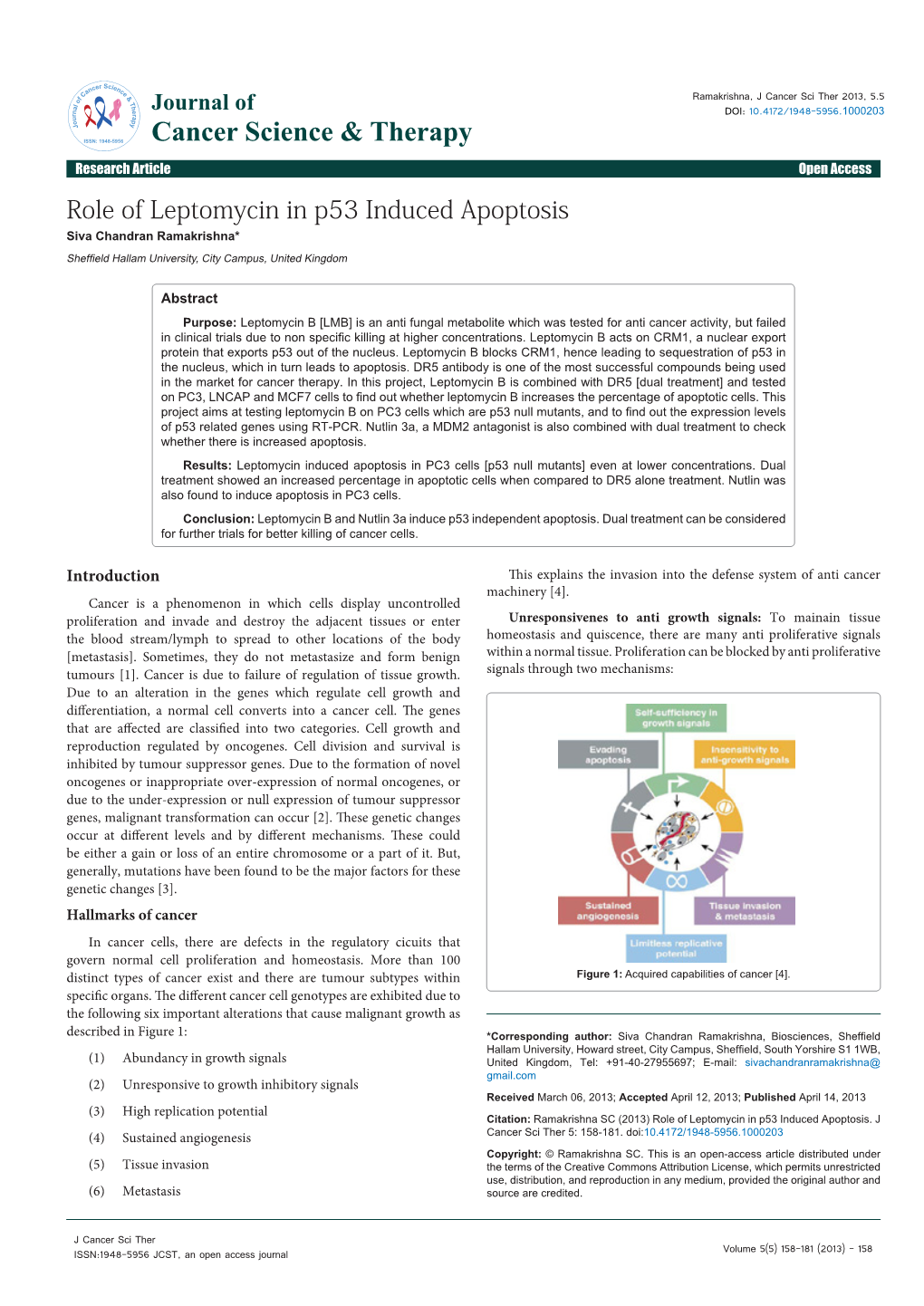 Role of Leptomycin in P53 Induced Apoptosis Siva Chandran Ramakrishna* Sheffield Hallam University, City Campus, United Kingdom