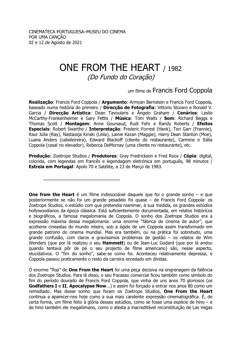 ONE from the HEART / 1982 (Do Fundo Do Coração)