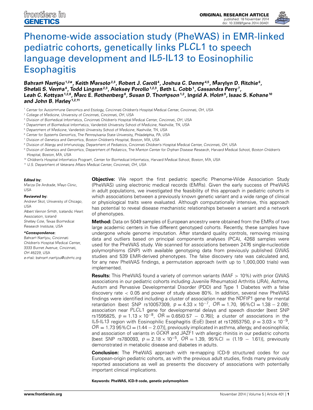 Phewas) in EMR-Linked Pediatric Cohorts, Genetically Links PLCL1 to Speech Language Development and IL5-IL13 to Eosinophilic Esophagitis