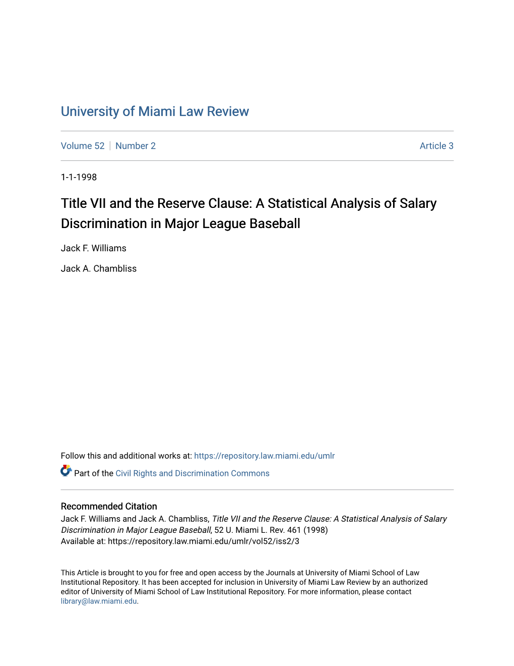 Title VII and the Reserve Clause: a Statistical Analysis of Salary Discrimination in Major League Baseball