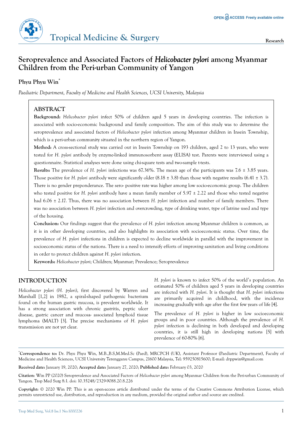 Seroprevalence and Associated Factors of Helicobacter Pylori Among Myanmar Children from the Peri-Urban Community of Yangon