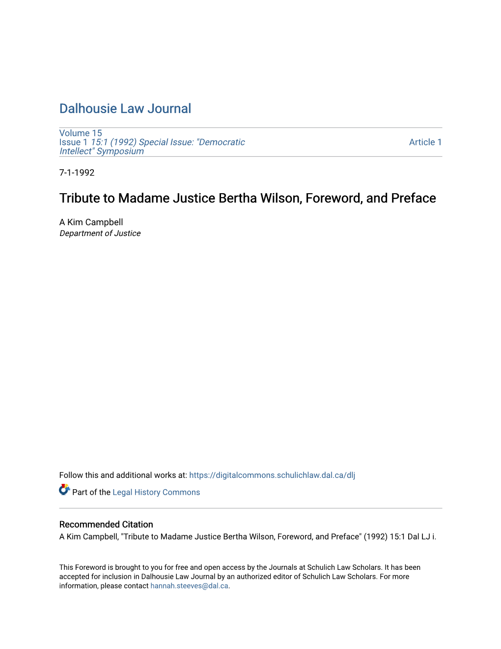 Tribute to Madame Justice Bertha Wilson, Foreword, and Preface