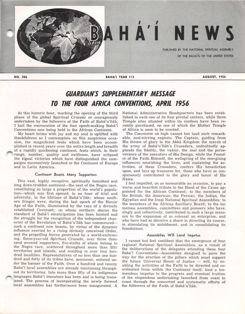 Guardian's Supplementary Message to the Four Africa Conventions, April 1956