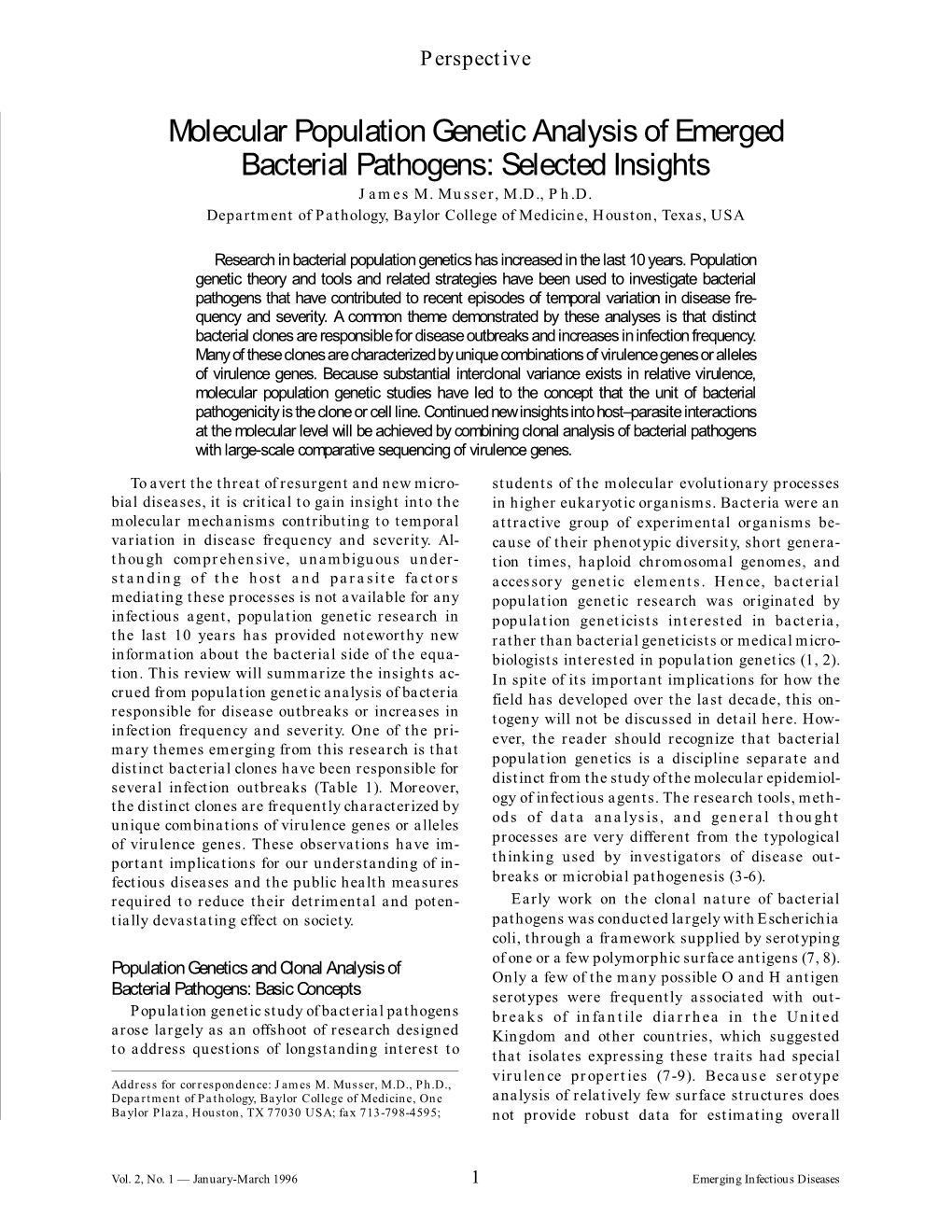 Molecular Population Genetic Analysis of Emerged Bacterial Pathogens: Selected Insights James M