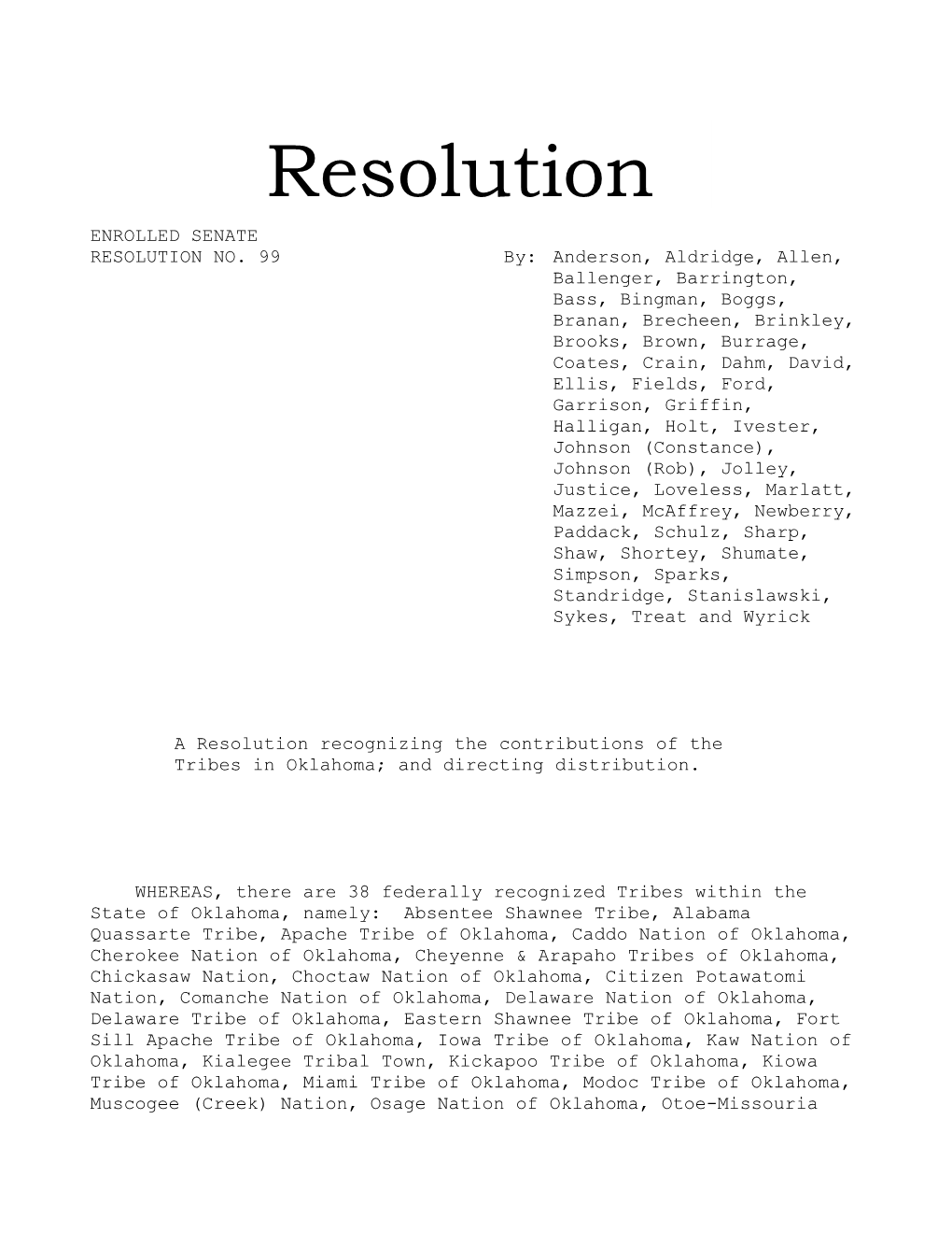 Resolution ENROLLED SENATE RESOLUTION NO