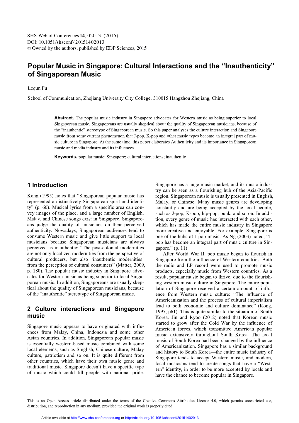 Cultural Interactions and the “Inauthenticity” of Singaporean Music