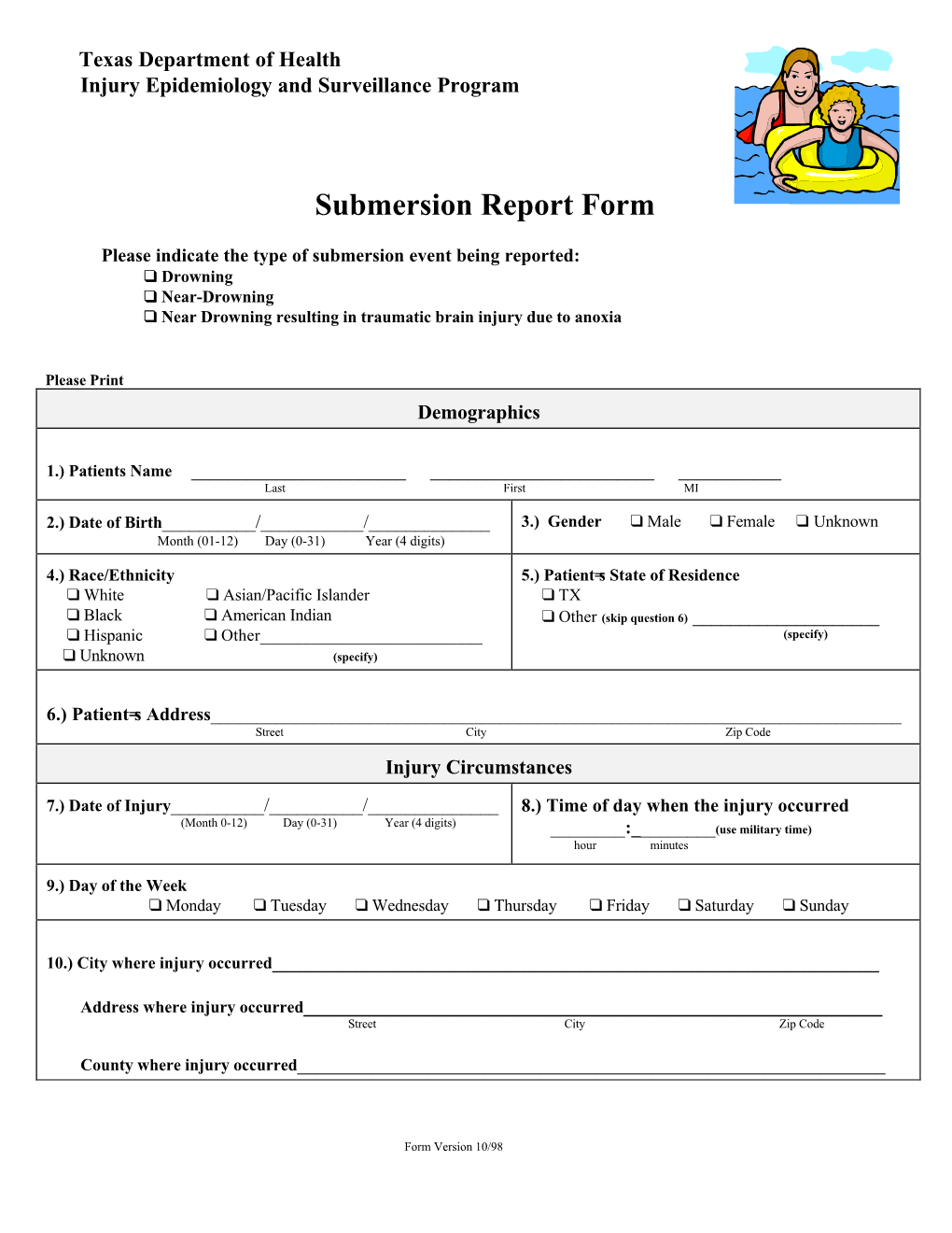 Submersion Injury Report Form