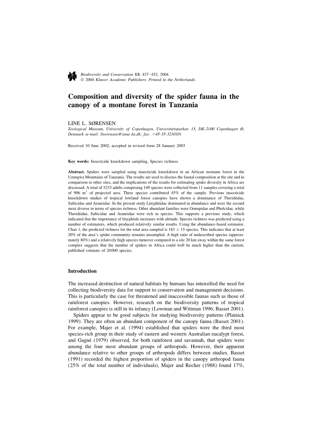 Composition and Diversity of the Spider Fauna in the Canopy of a Montane Forest in Tanzania