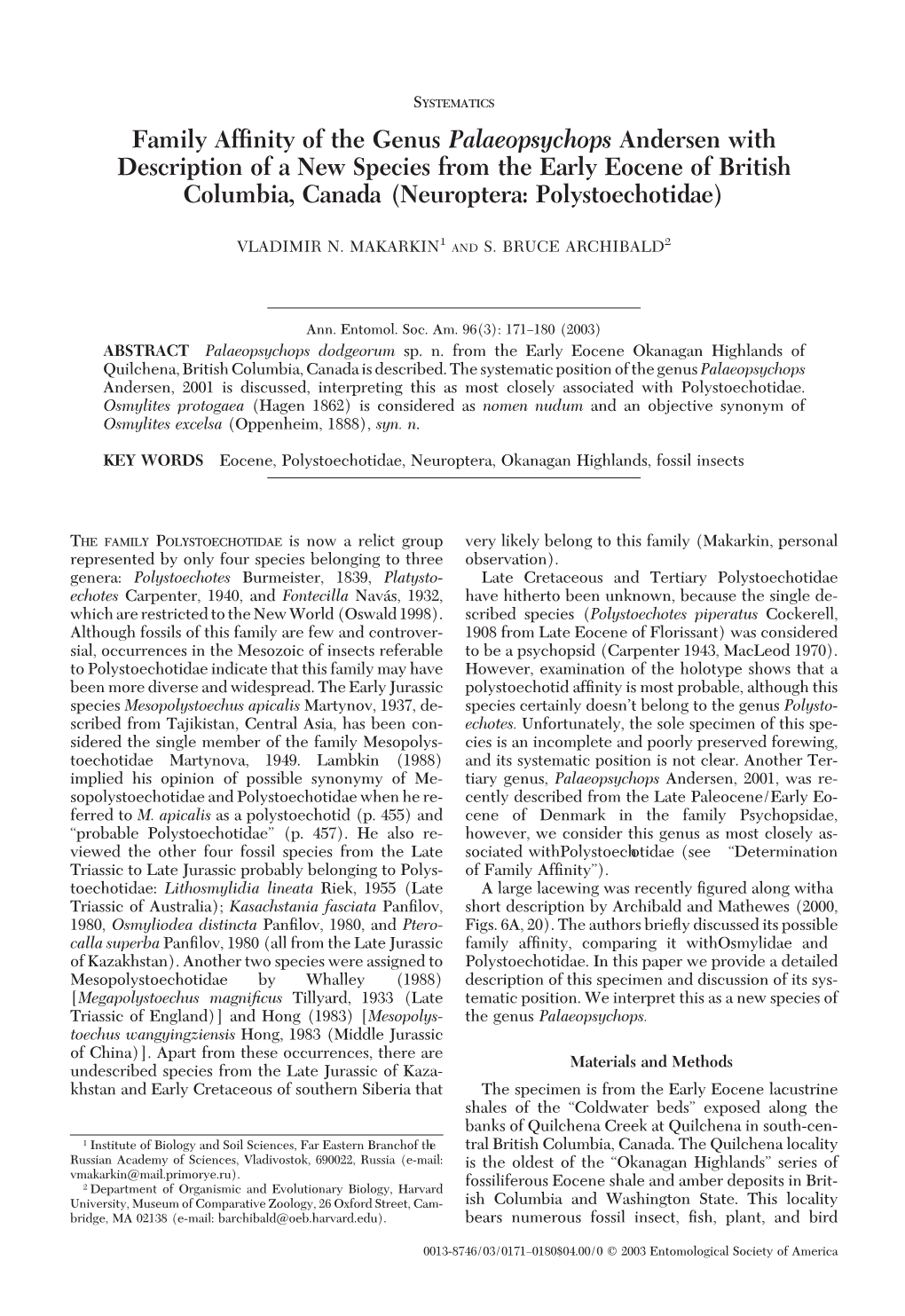 Family Affinity of the Genus Palaeopsychops Andersen With