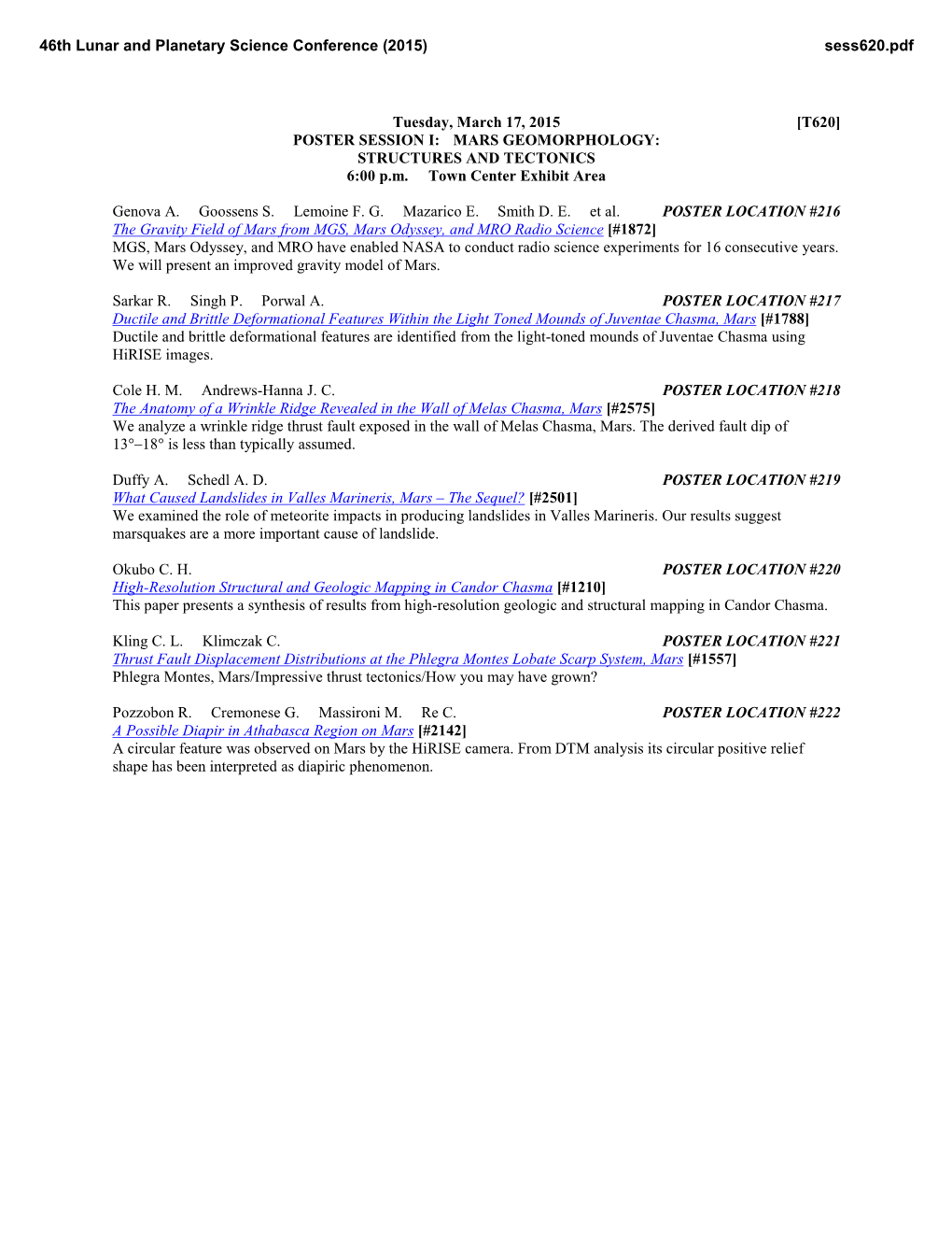 [T620] POSTER SESSION I: MARS GEOMORPHOLOGY: STRUCTURES and TECTONICS 6:00 P.M