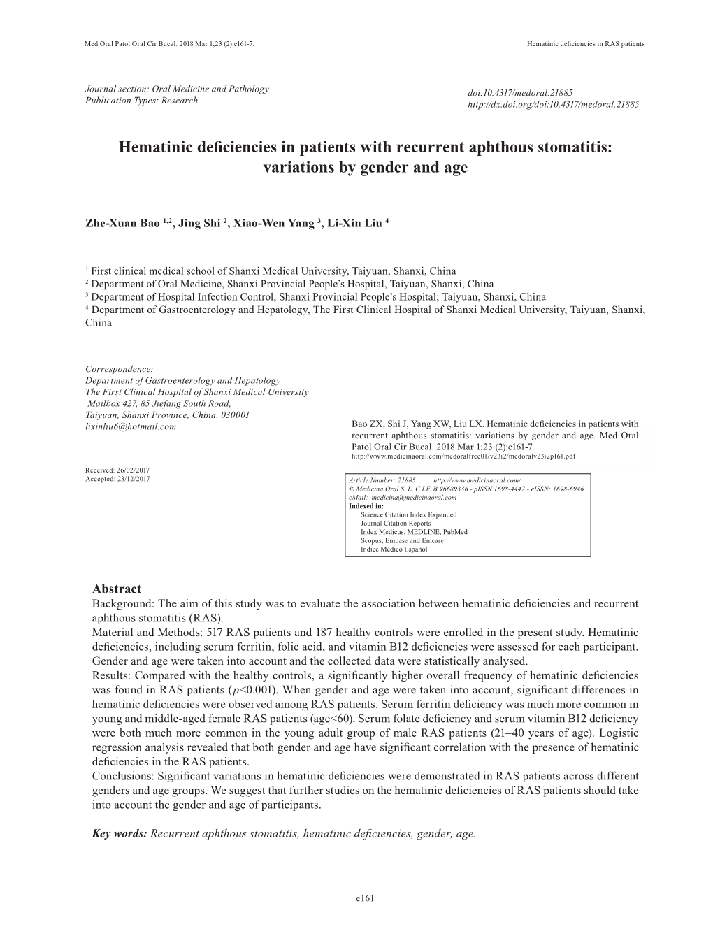 Hematinic Deficiencies in Patients with Recurrent Aphthous Stomatitis: Variations by Gender and Age