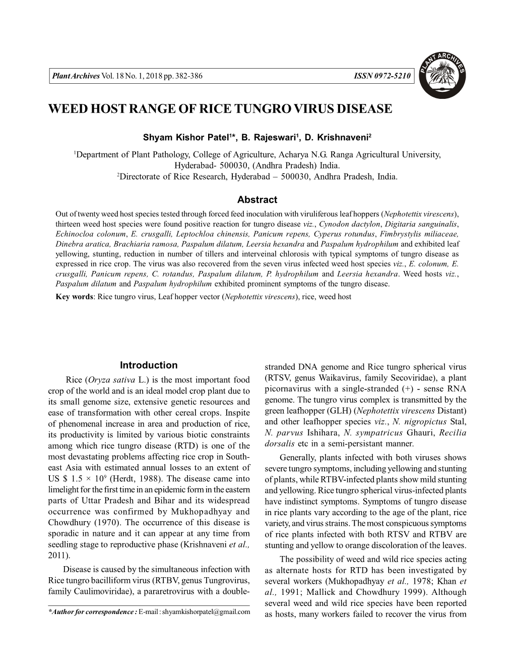 Weed Host Range of Rice Tungro Virus Disease