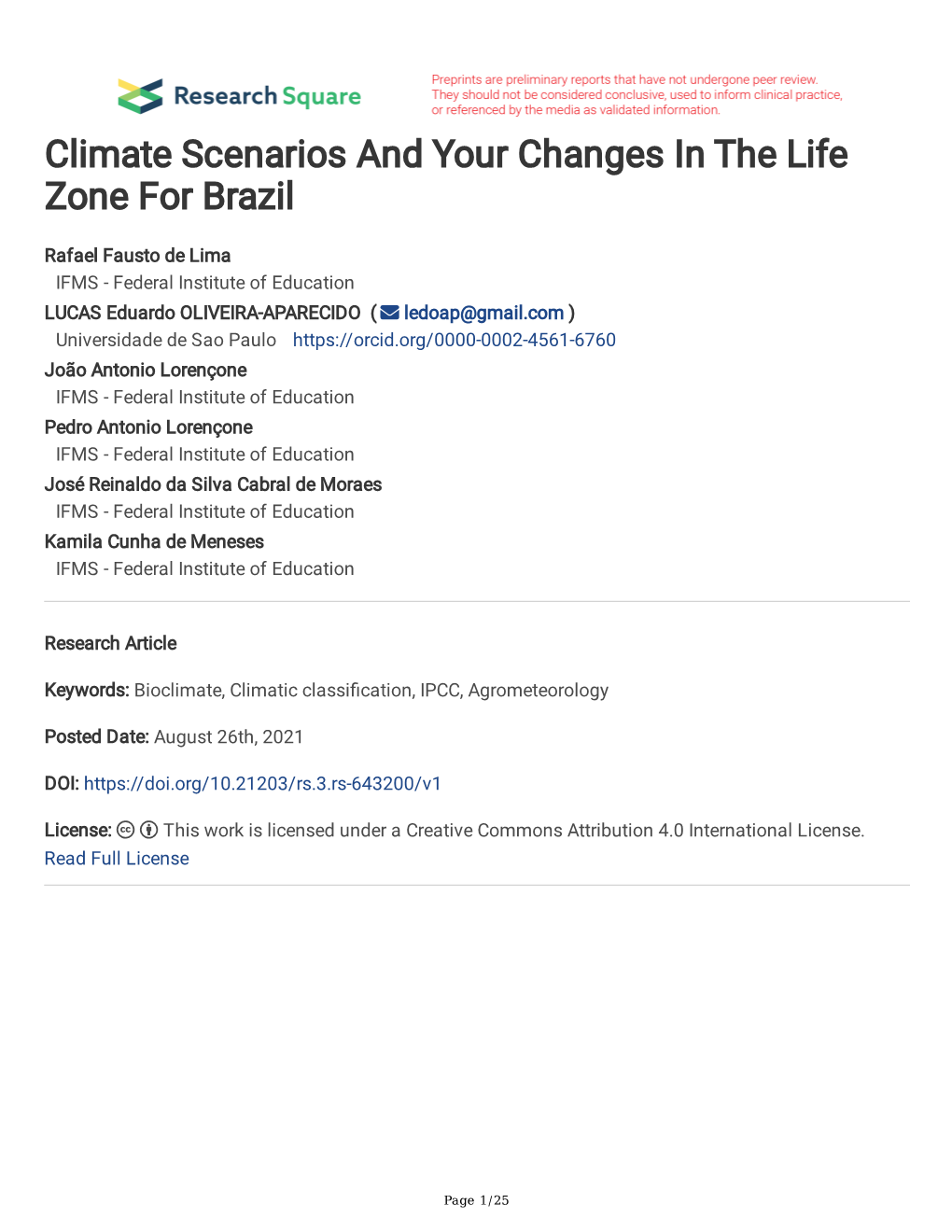 Climate Scenarios and Your Changes in the Life Zone for Brazil