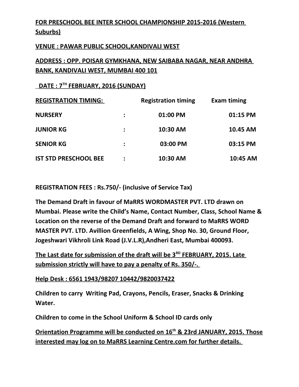 FOR PRESCHOOL BEE INTER SCHOOL CHAMPIONSHIP 2015-2016 (Western Suburbs)