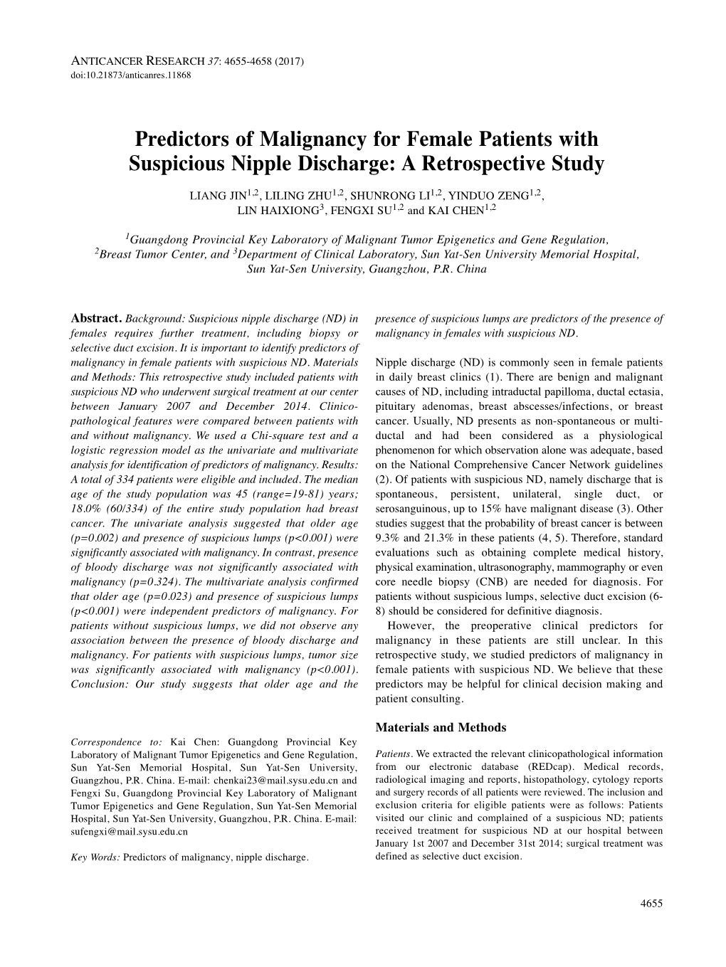 Predictors of Malignancy for Female Patients with Suspicious Nipple