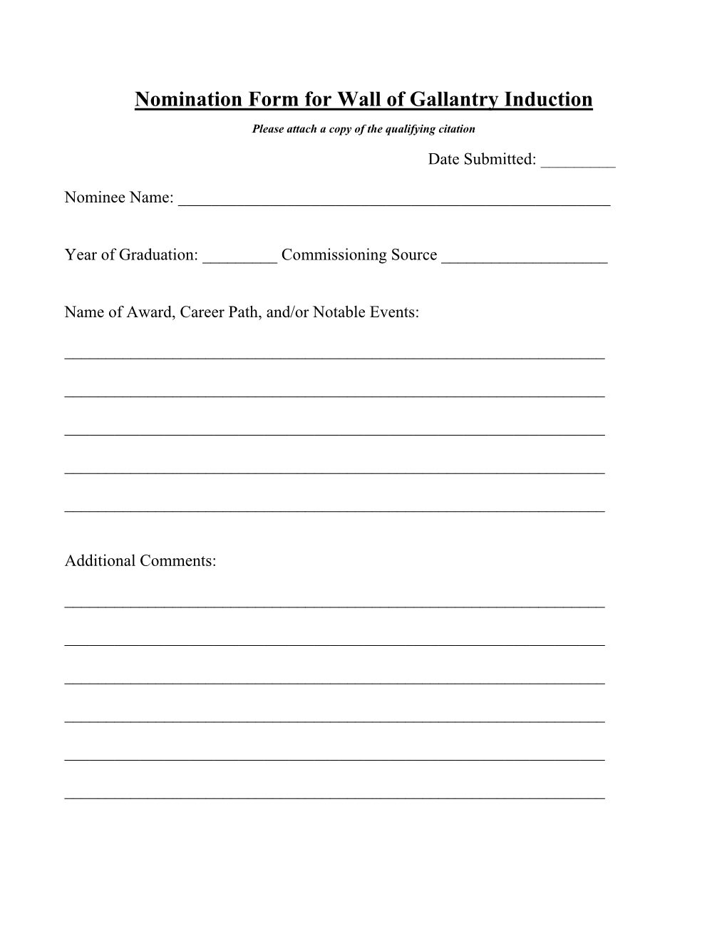 Nomination Form for Wall of Gallantry Induction