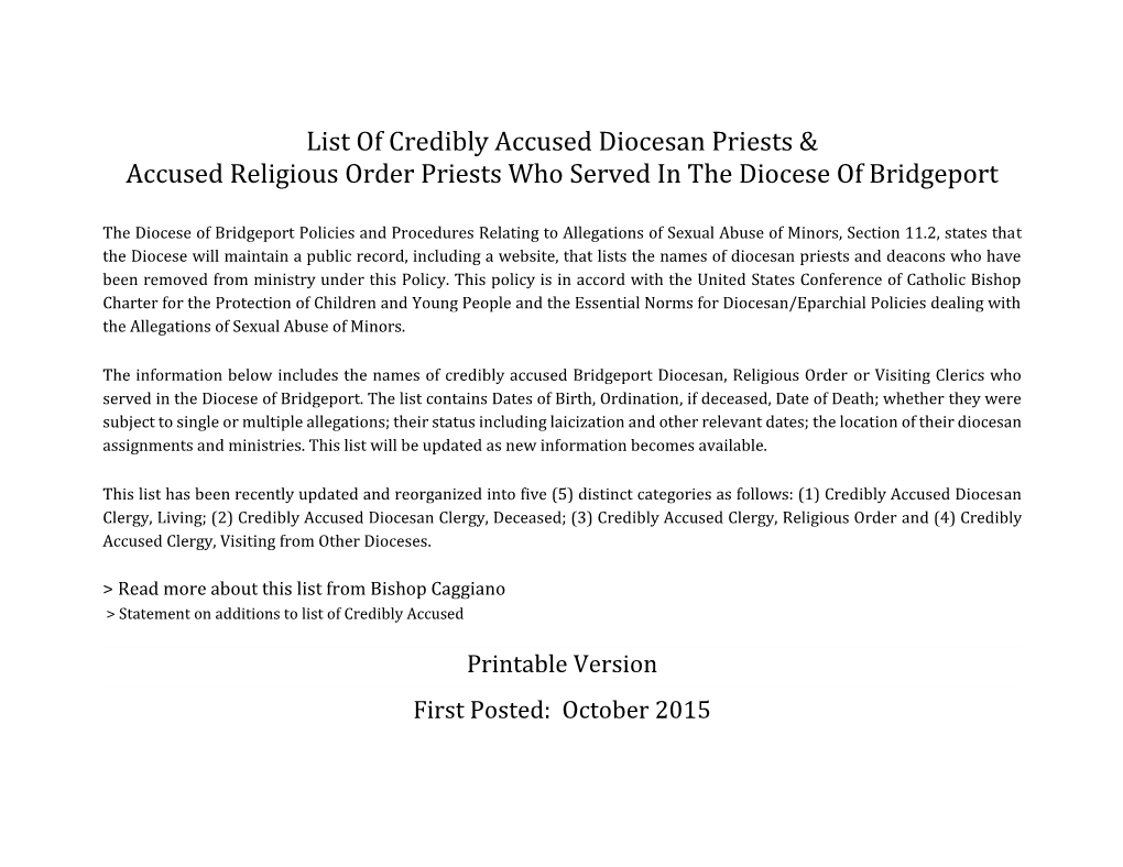 List of Credibly Accused Diocesan Priests & Accused Religious Order