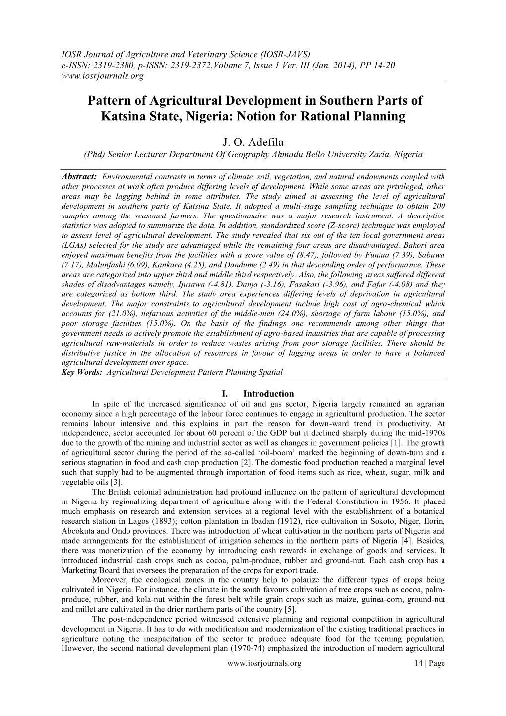 Pattern of Agricultural Development in Southern Parts of Katsina State, Nigeria: Notion for Rational Planning