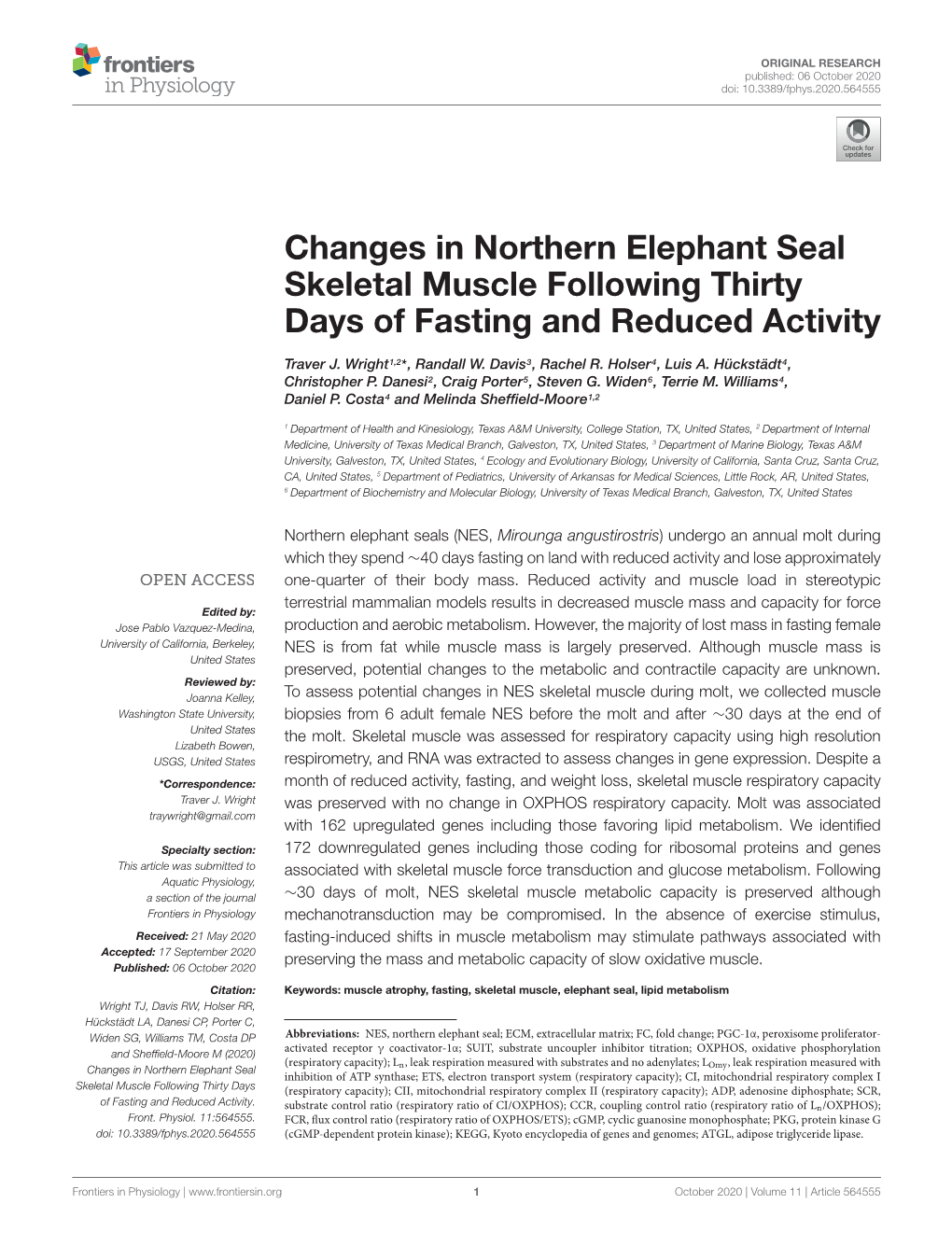 Changes in Northern Elephant Seal Skeletal Muscle Following Thirty Days of Fasting and Reduced Activity